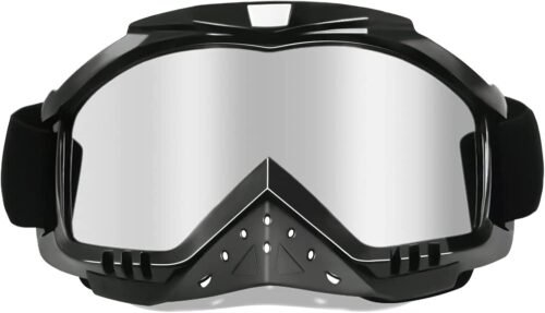 Motorcycle Goggles Dirt Bike Goggles Grip For Helmet Anti UV Windproof Dustproof Anti Fog Glasses for ATV Off Road Racing with Cool Look Headwear Silver Lens 2 in 1