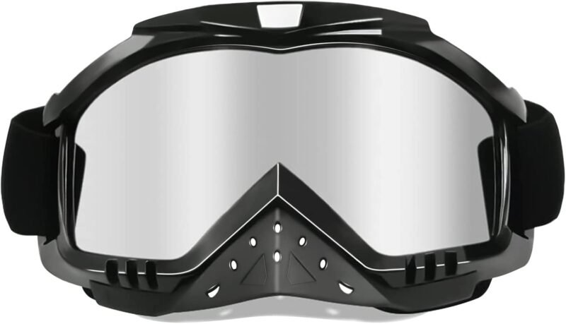 Motorcycle Goggles Dirt Bike Goggles Grip For Helmet Anti UV Windproof Dustproof Anti Fog Glasses for ATV Off Road Racing with Cool Look Headwear Silver Lens 2 in 1