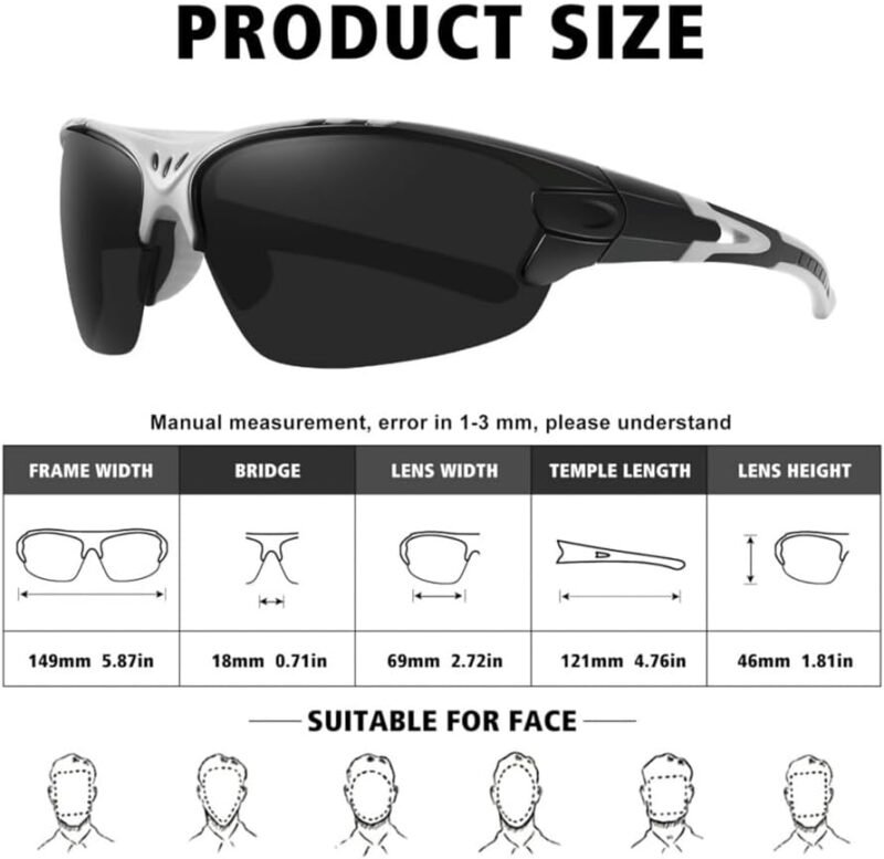 White And Black Shield Wraparound Sports Windproof Riding Running Hiking Cycling Fishing Motorcycle Hiking Sunglasses for Men Women Outdoor Polarized HD UV Protection Mirrored Reflective Sport Glasses
