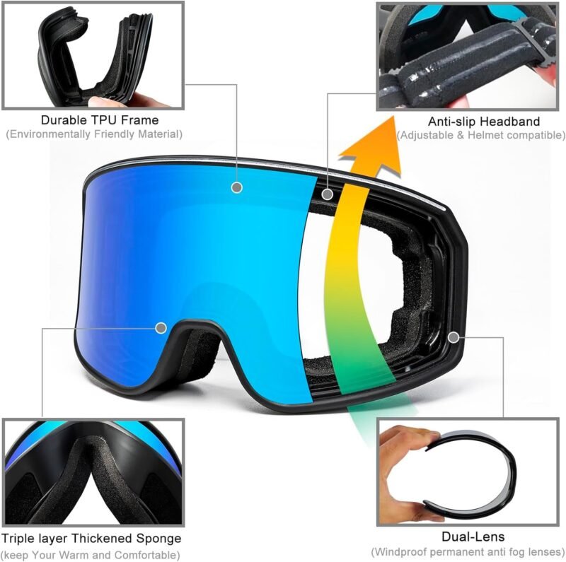 Ski Goggles Over Glasses with Dual lens | Anti-fog Anti-UV Snow Goggles for Men Women Youth Skiing Snowmobile