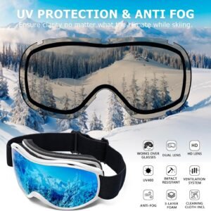 OTG Ski Goggles Men Women, Over Glasses Anti Fog Snowboard Goggles, UV Protection Snow Goggles for Adult & Youth